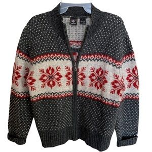 Skyr Grey Red Nordic Print Full Zip 100% Wool Cardigan Sweater Women’s Sz Large